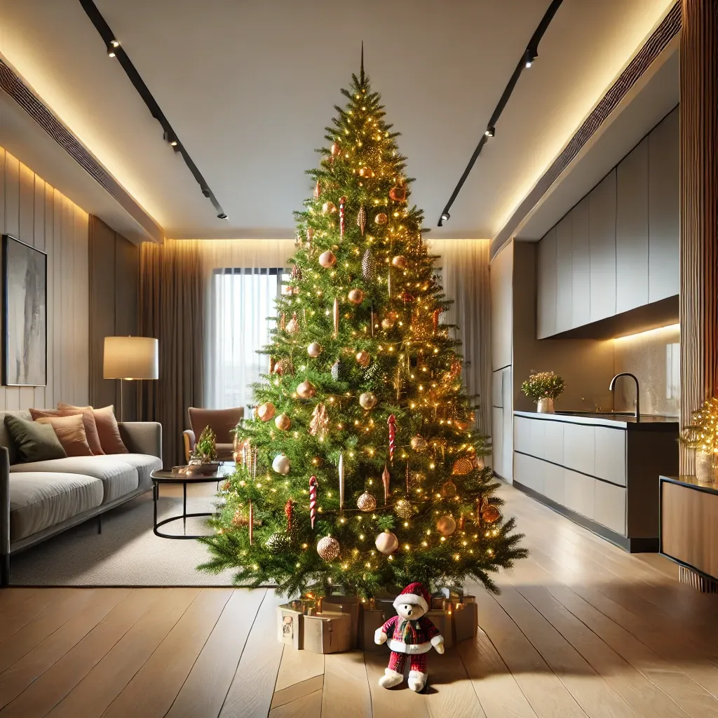 거실이나 가족 모임 공간에 어울리는 중형 크리스마스 트리&amp;#44; 현대적이고 따뜻한 분위기