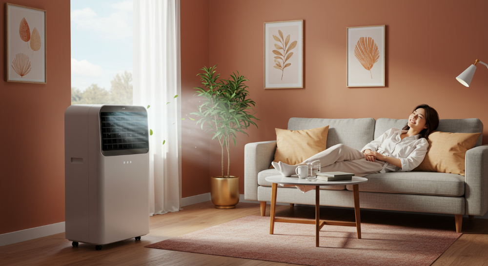 테라코타 톤의 거실에서 시원한 바람을 내뿜는 현대적인 이동식 에어컨과 편안하게 휴식하는 사람의 모습