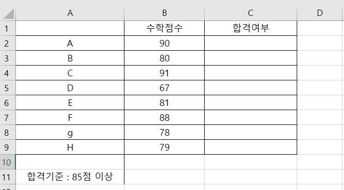 IF-함수-설명을-위해-시험점수-결과표를-예시로-만들어-놓은-사진