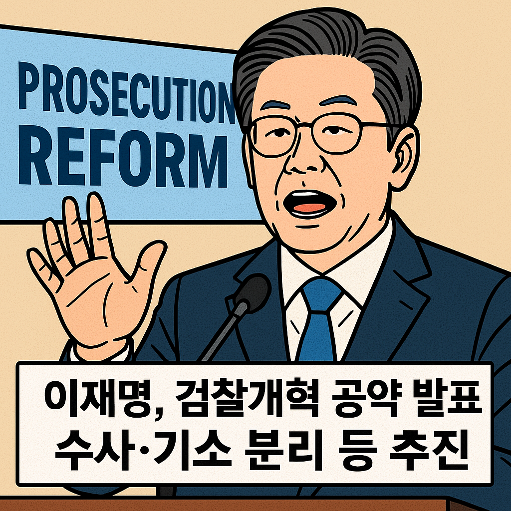 이재명 더불어민주당 대선 후보가 검찰개혁 공약 발표 연설을 하는 모습을 만화 스타일로 표현한 일러스트, 수사·기소 분리 추진 강조