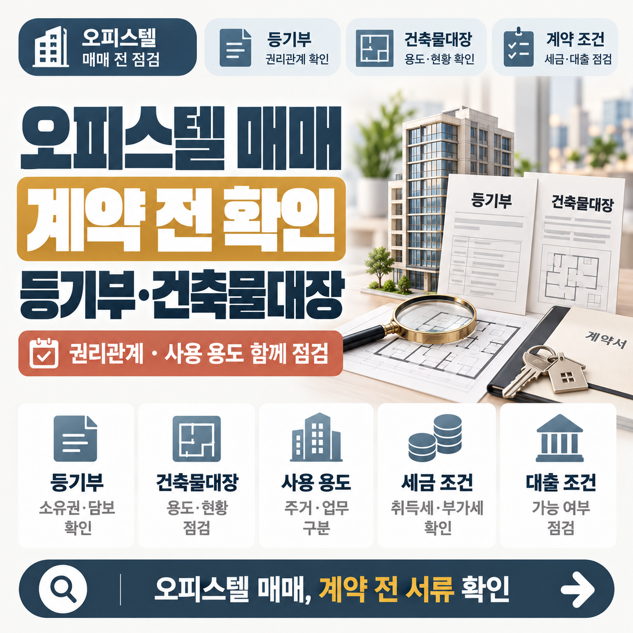 오피스텔 계약서와 등기부등본, 건축물대장 서류를 함께 펼쳐 놓은 모습
