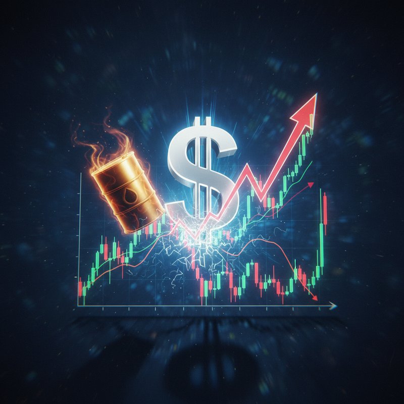 증시를 압박하는 유가, 강달러, 금리 삼중고, 영화 스틸컷 느낌의 시네마틱 포토, 역광/필름그레인/블러 배경