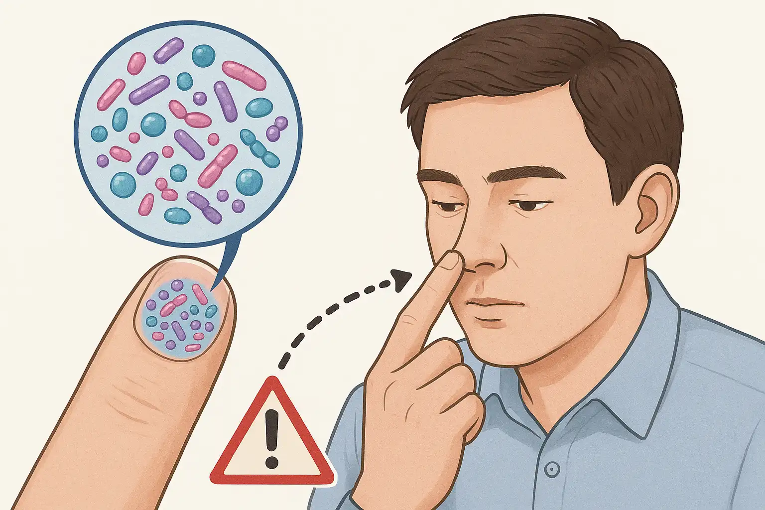 손톱 밑에 세균이 가득한 모습을 현미경 시각화로 보여주는 이미지, 세균을 코 속으로 옮기는 과정