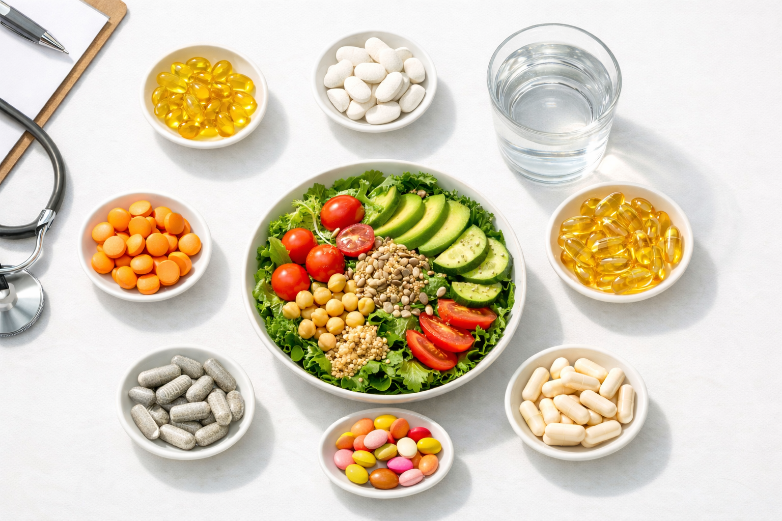 건강한 식단과 비타민 D, 칼슘, 오메가-3, 비타민 C, 마그네슘, 비타민 B, 프로바이오틱스