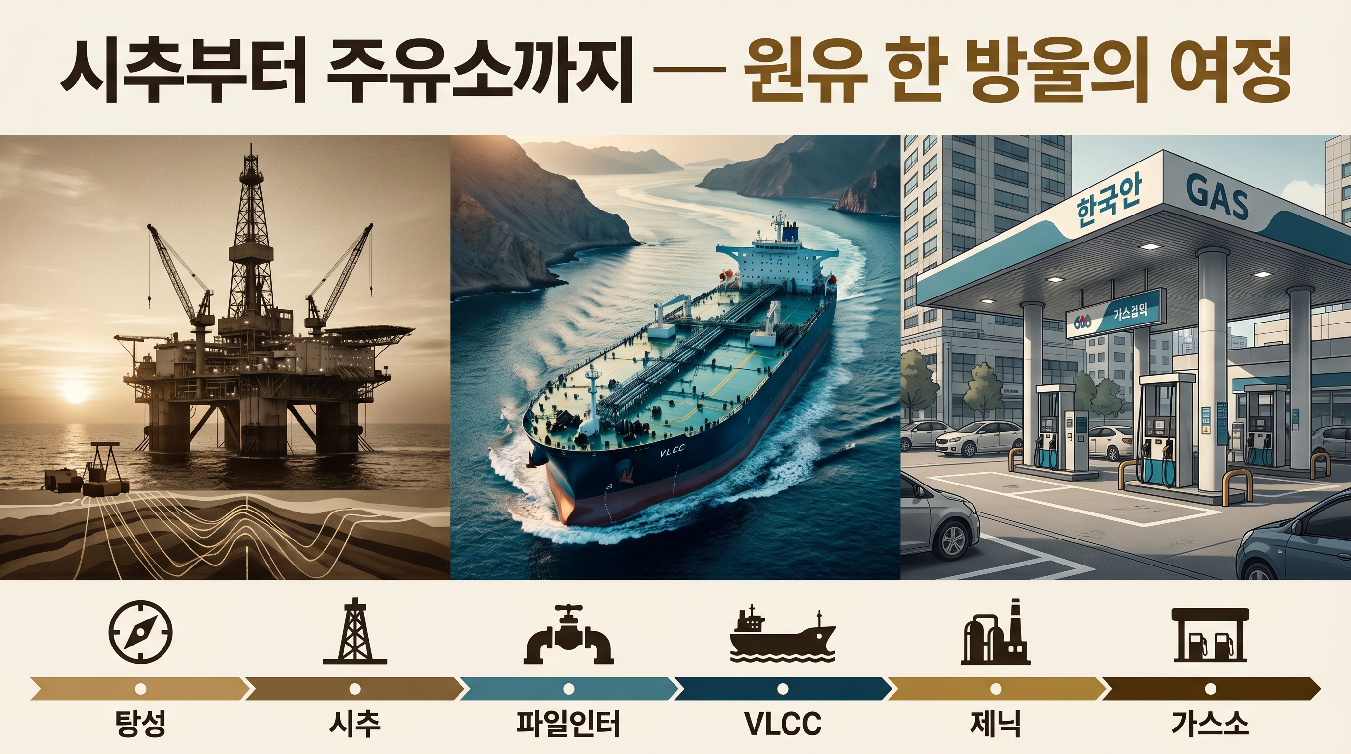 "시추부터 주유소까지 — 원유 한 방울의 여정" (탐사 현장, VLCC, 호르무즈 해협, 주유소)
