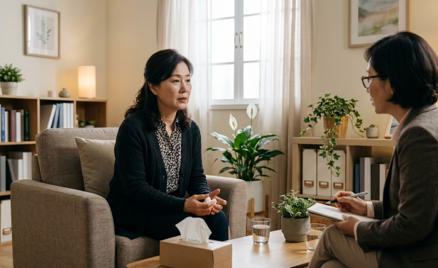 진료실에서 상담받는 중년 여성의 모습