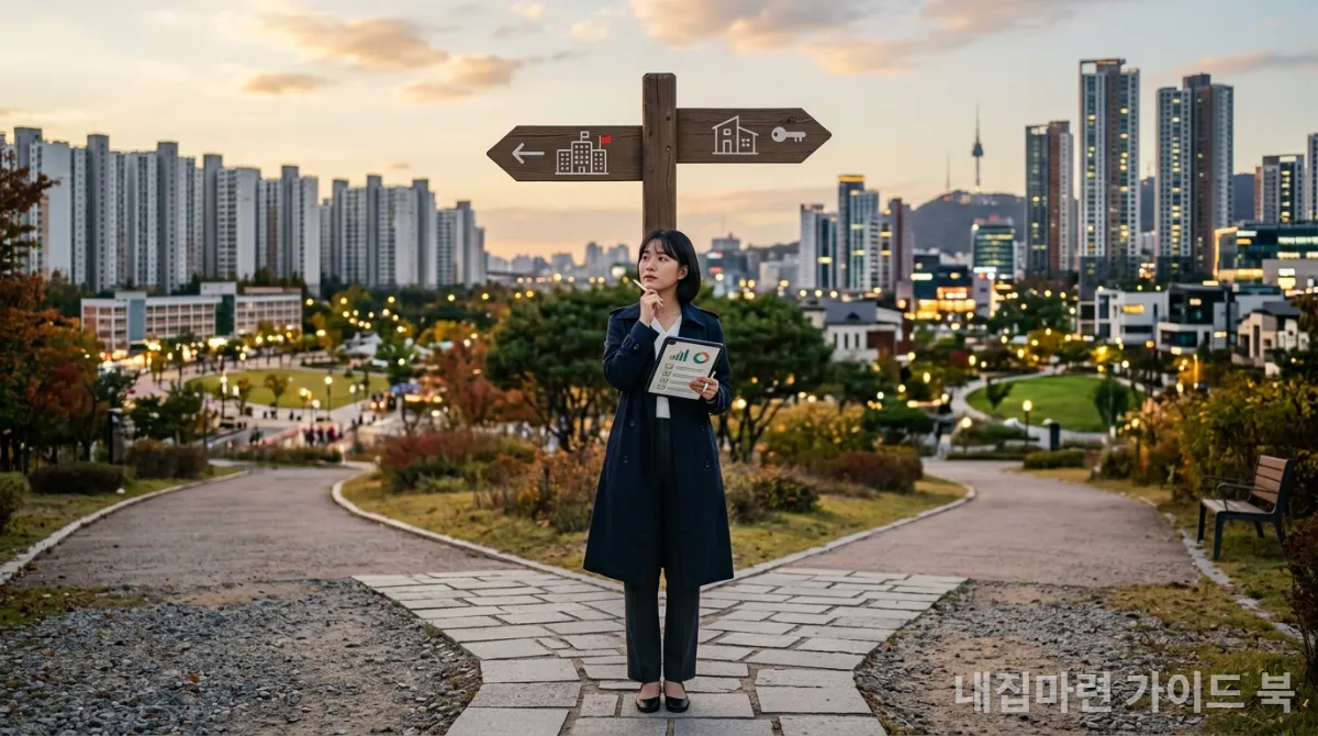 청약 유형 선택의 기로에 선 한국인 청년이 고민하는 모습