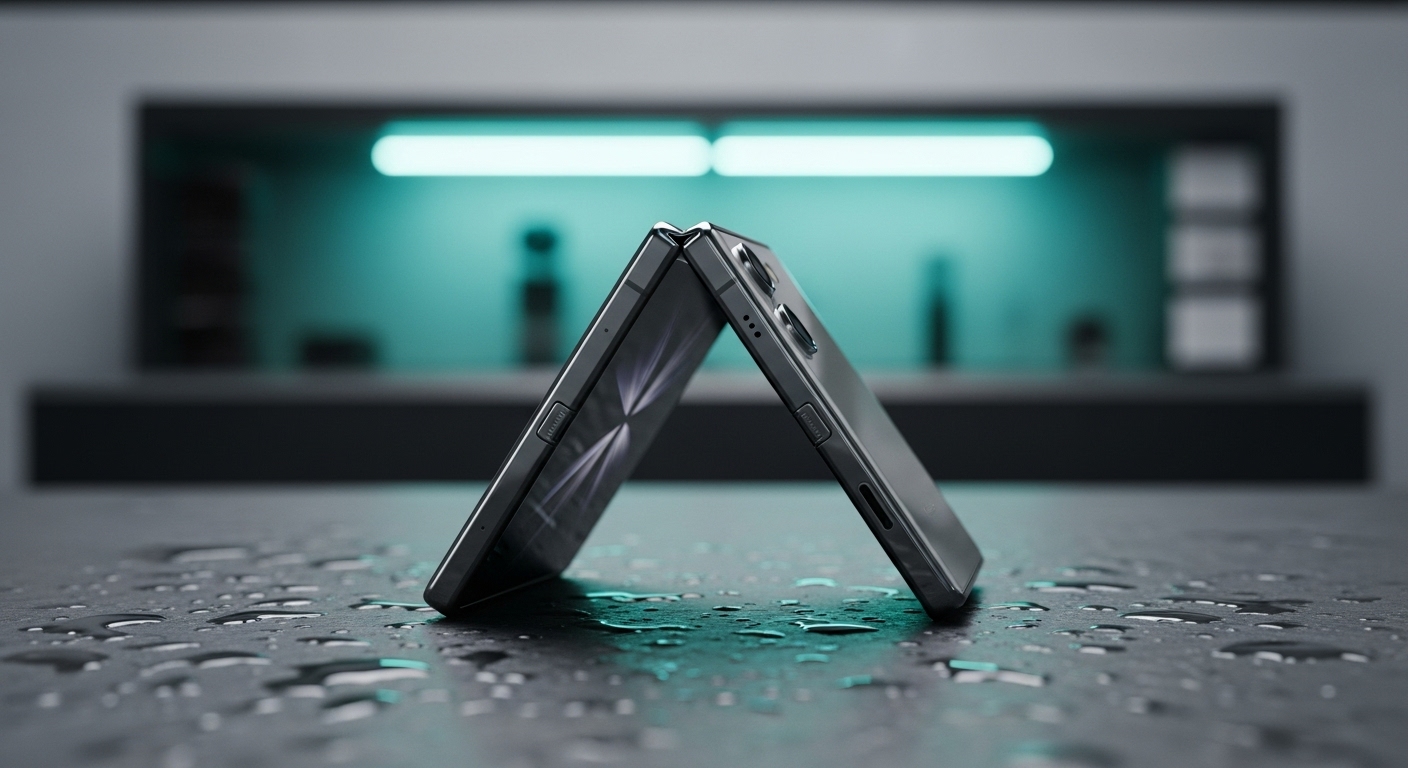 견고한 디자인과 향상된 내구성을 강조하는 갤럭시 Z폴드7의 반쯤 접힌 모습. 힌지 부분이 부각됨.