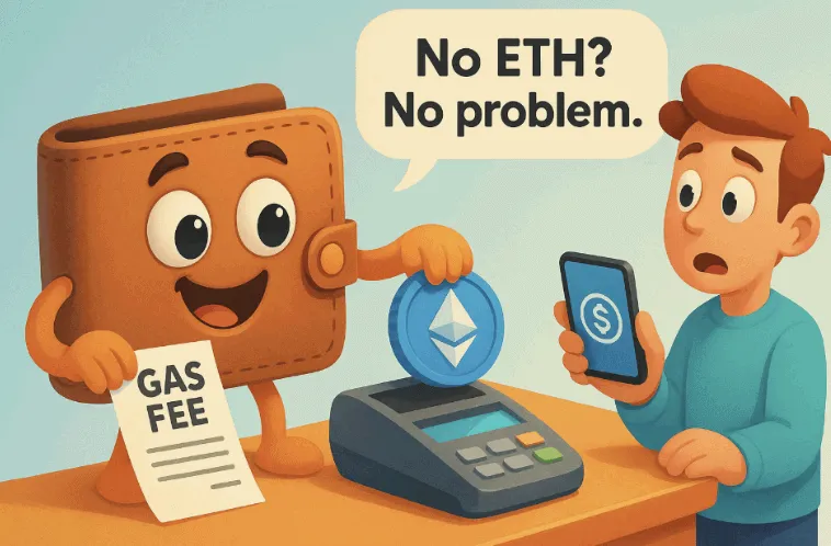 &lsquo;No ETH? No problem.&rsquo;이라는 문구가 포함된 웹배너 이미지. 이 이미지는 귀엽게 의인화된 스마트 지갑 캐릭터가 사용자를 대신해 가스비(GAS FEE)를 결제하는 장면을 통해, 블로그의 ERC-4337 Account Abstraction 기술 중 &lsquo;가스비 대납(Gas Sponsorship)&rsquo; 기능을 직관적으로 설명함 (gas sponsorship, smart wallet, ERC-4337)