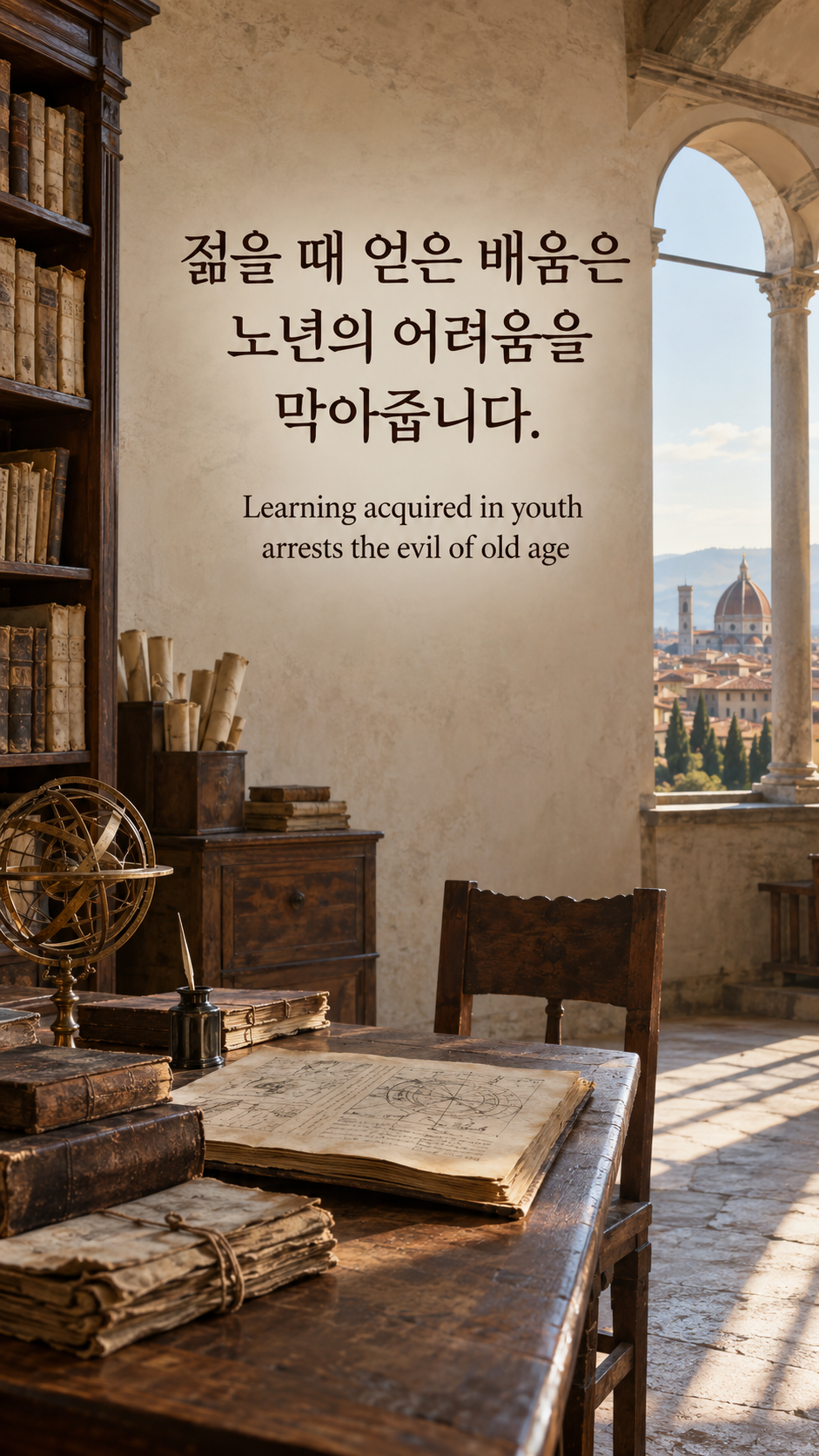 젊을 때 얻은 배움은 노년의 어려움을 막아줍니다. &mdash; 1490년대 이탈리아의 비어 있는 학습 공간, 나무 책꽂이와 닳은 양피지 묶음, 시대 배경 사진