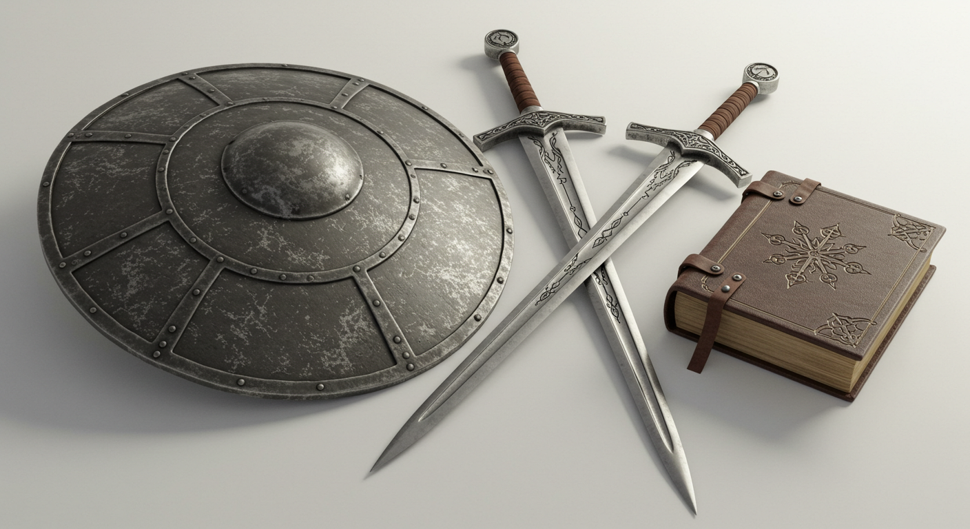 탱&middot;딜&middot;서포트를 상징하는 방패&middot;쌍검&middot;마법서 세 가지 오브제를 깔끔한 정물로 배치한 상징 이미지