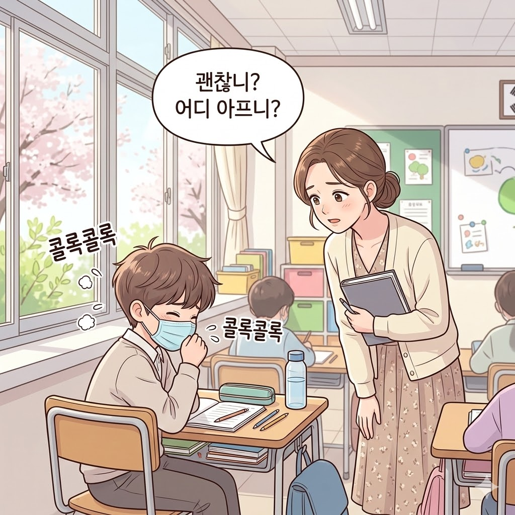 마스크를 쓰고 교실에서 기침하는 학생과 걱정하는 선생님 일러스트