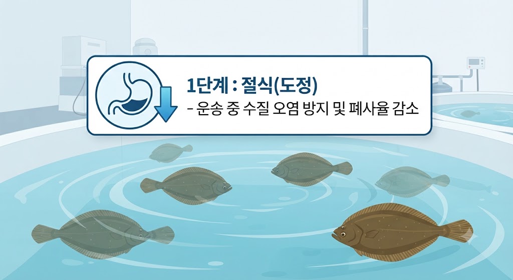 제주도 양식장의 맑은 수조 안에서 광어들이 먹이를 공급받지 않은 채 유유히 헤엄치고 있습니다. 화면 상단에는 "1단계: 절식(도정)"이라는 타이틀과 함께, 뱃속을 비워야 하는 과학적 이유(배설물로 인한 수질 오염 및 집단 폐사 방지)가 아이콘과 텍스트로 알기 쉽게 설명되어 있습니다.