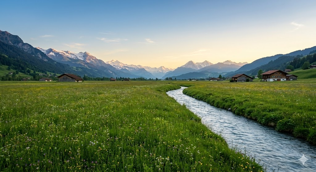 A tranquil and vast green field landscape of Switzerland. / Tranquil Alps green field at dawn with distant snowpeaks and wildflowers.