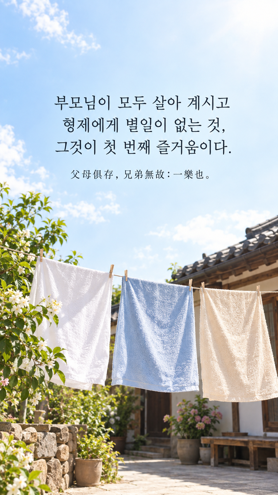 가족 명언 7 맹자 부모님이 모두 살아 계시고 형제에게 별일이 없는 것, 그것이 첫 번째 즐거움이다. &mdash; 마당 빨랫줄에서 햇빛을 받는 면 수건 세 장