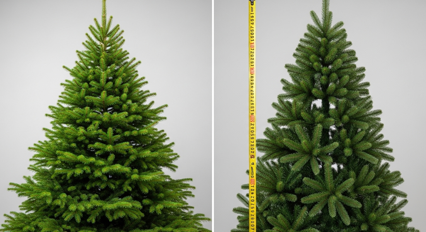 생목 크리스마스 트리와 150cm 인조 크리스마스 트리를 비교하여 보여주는 이미지, 각 트리의 자연스러운 형태와 질감을 강조함.
