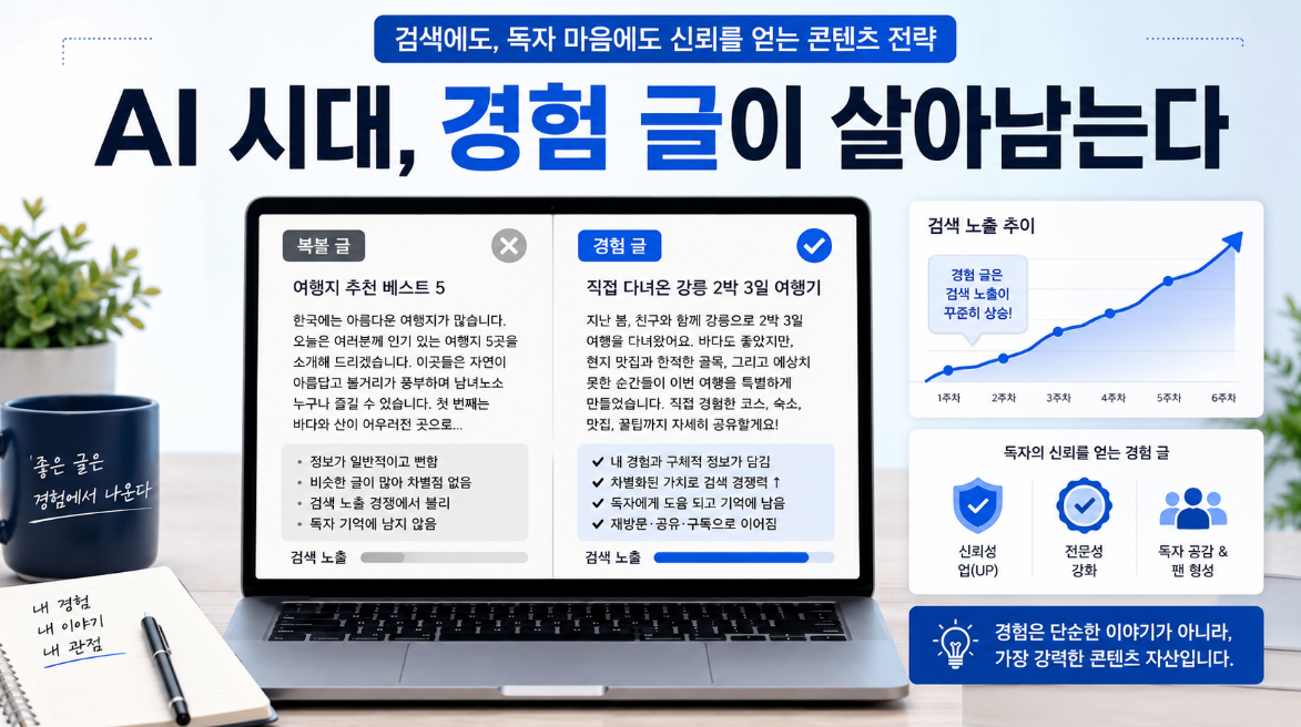 AI 시대 블로그에서 복붙 글보다 경험 글이 검색과 신뢰에 강한 이유를 설명하는 썸네일 이미지