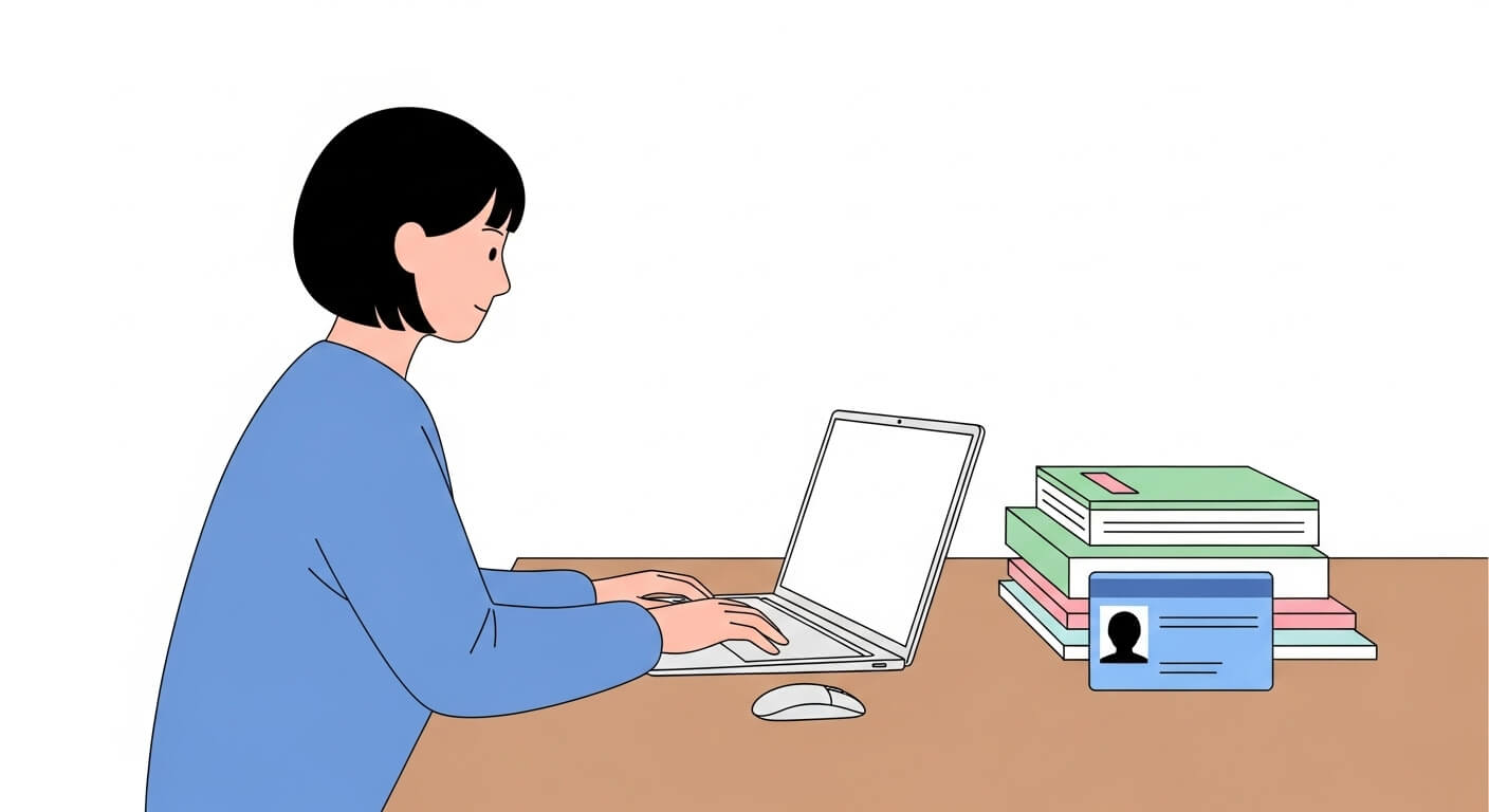 책상 위에서 노트북으로 안경렌즈 정부지원금 온라인 신청서를 입력하는 장면 3