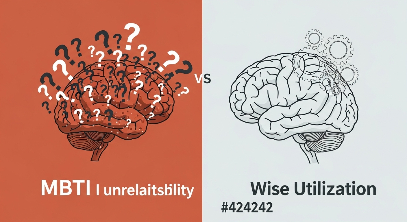 MBTI의 과학적 논란과 현명한 활용법을 시각적으로 대비한 이미지.