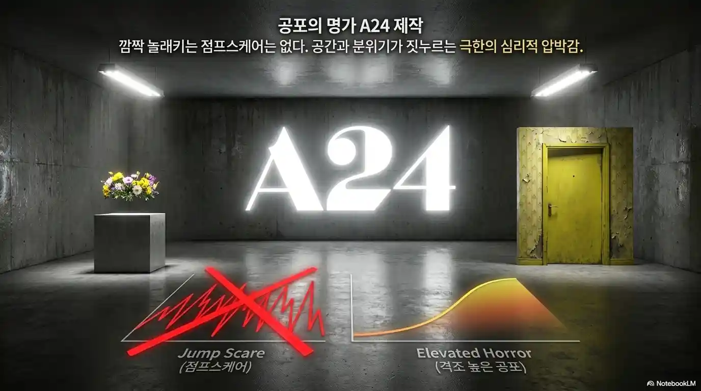 A24 공포 영화 점프스케어 없는 격조 높은 공포 Elevated Horror 비교 인포그래픽 - 헤레디터리 미드소마 계보 백룸 공포 방식