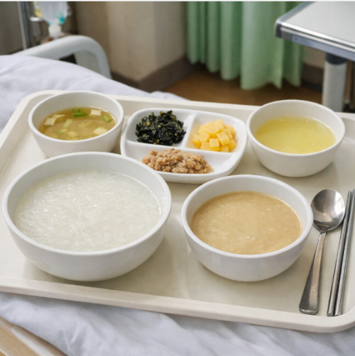 산부인과 병실 식사 트레이, 제왕절개 후 회복식 미음과 반찬 구성