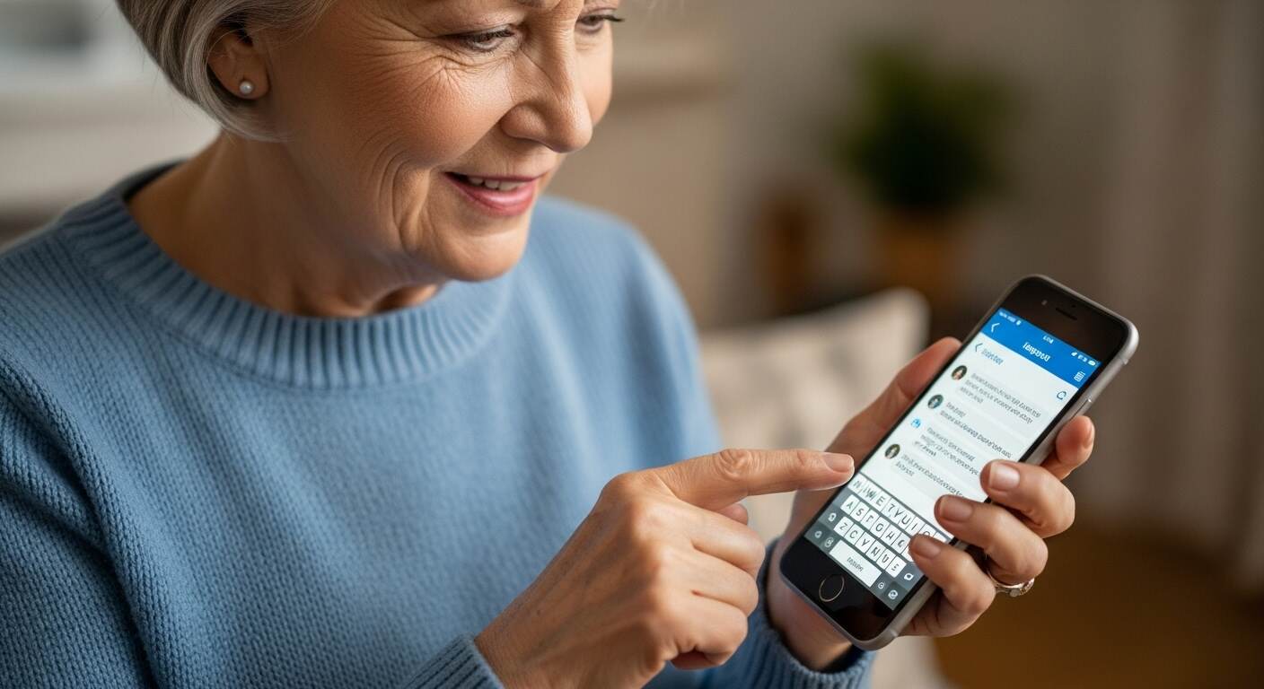 시니어가 큰 글씨 모드로 스마트폰을 사용하는 모습"