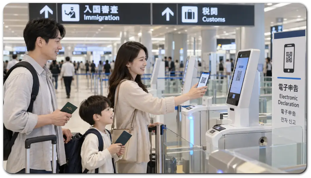 일본-공항-가족-QR-입국-절차