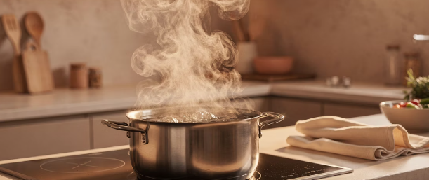끓는 냄비와 조리 열 (주방 사진)