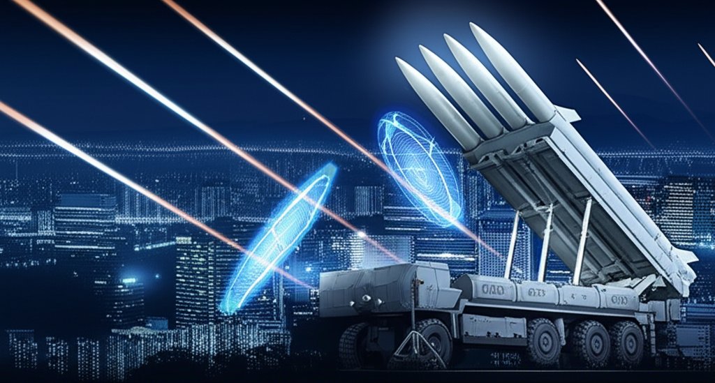 미래 도시 상공에서 천궁-II 미사일이 탄도 미사일을 요격하는 장면, 히어로 IT/스타트업 스타일