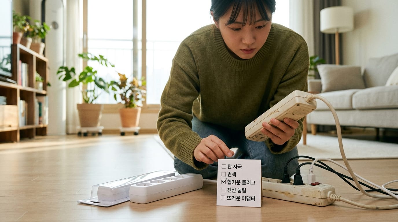 멀티탭 플러그의 탄 자국과 손상 흔적을 점검하는 모습
