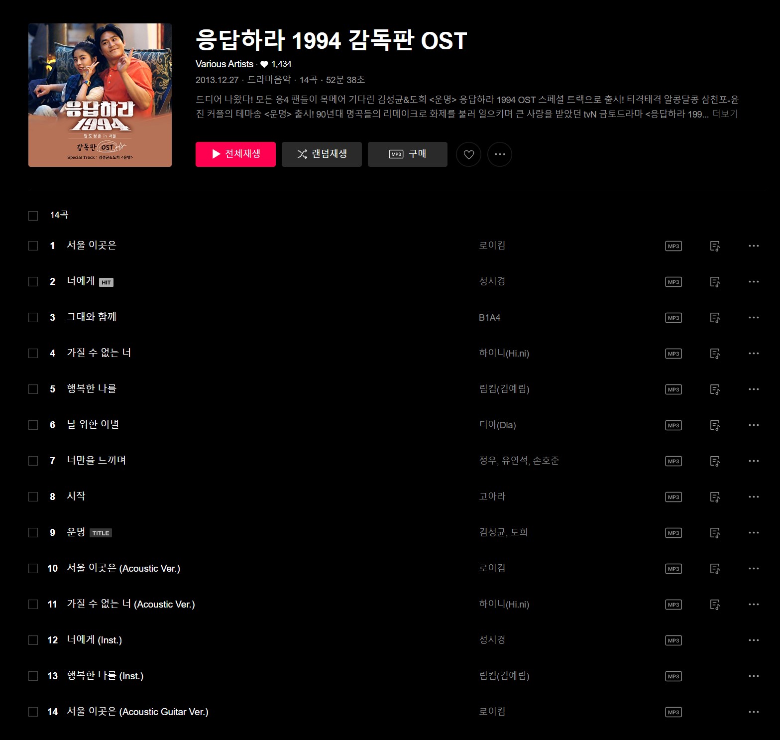 응답하라-1994-OST-목록