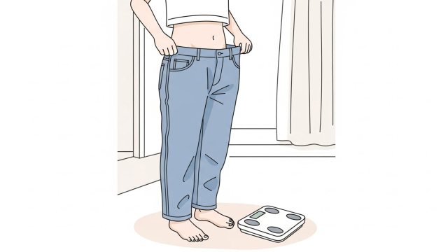 체중계 숫자가 줄어드는 모습과 헐렁해진 허리띠를 함께 보여주는 일러스트
