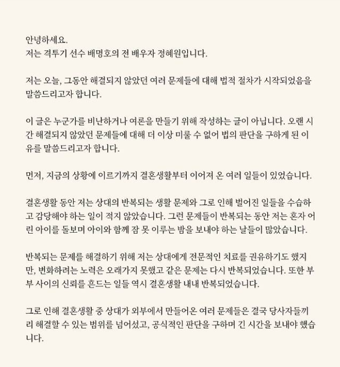 배명호 양육비 미지급 사건 전말 전처 정혜원 입장문 총정리