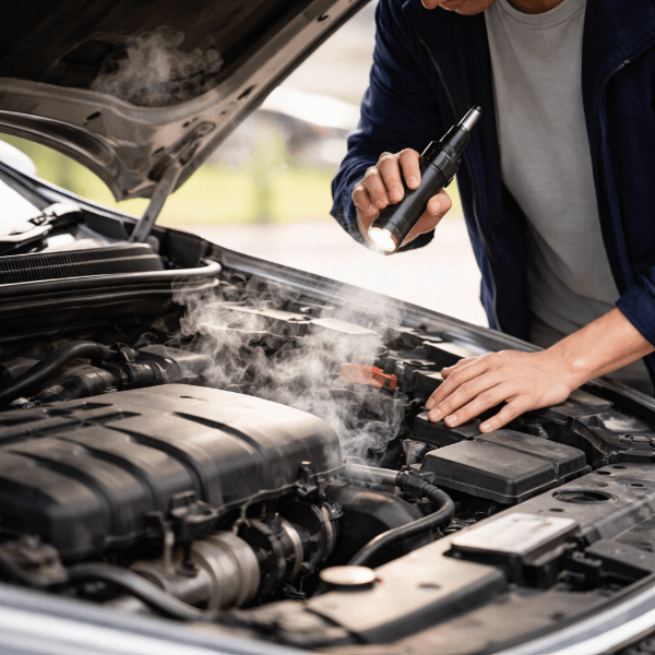 엔진룸에서 이상 냄새 점검하는 모습