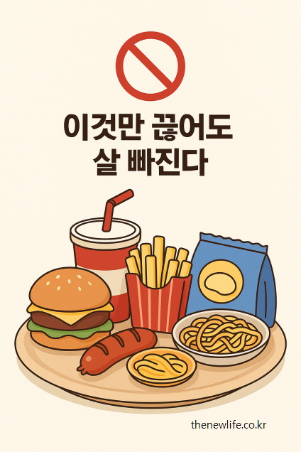 Unhealthy junk foods including burger, fries, soda, chips, and noodles with a prohibition sign above and the text &ldquo;Just quitting this will help you lose weight./햄버거, 감자튀김, 탄산음료, 과자, 라면 등 살찌는 음식을 금지 표시와 함께 보여주며 "이것만 끊어도 살 빠진다"는 문구가 적혀 있음