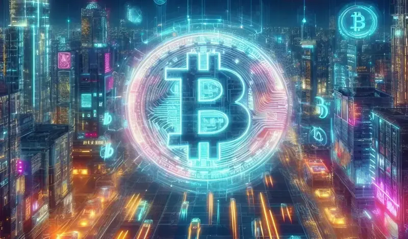 최첨단 미래 도시 가운데 있는 암호화폐