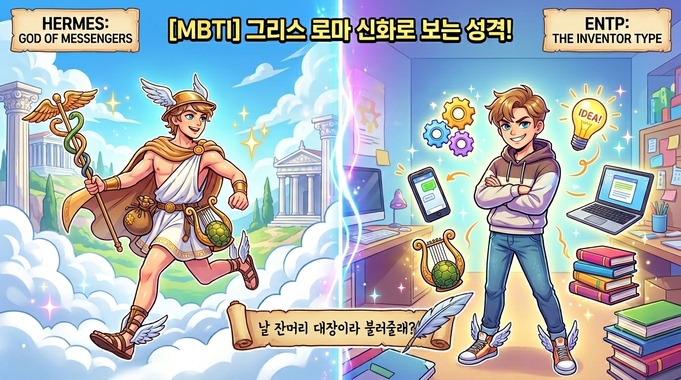 그리스 로마 신화 헤르메스와 현대의 ENTP 성격 유형을 비교하는 대칭 일러스트. 하단 두루마리에 '날 잔머리 대장이라 불러줄래?' 문구가 적혀 있는 본문 삽입용 이미지