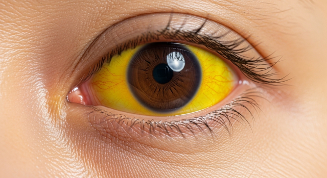 눈 흰자위가 노란색으로 변한 환자 클로즈업