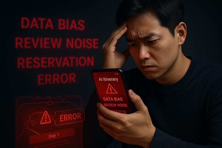 스마트폰의 오류 메시지를 보고 고민하는 여행자