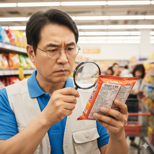 마트에서 식품 뒷면의 '원재료명 및 함량'을 돋보기로 꼼꼼히 확인하는 모습