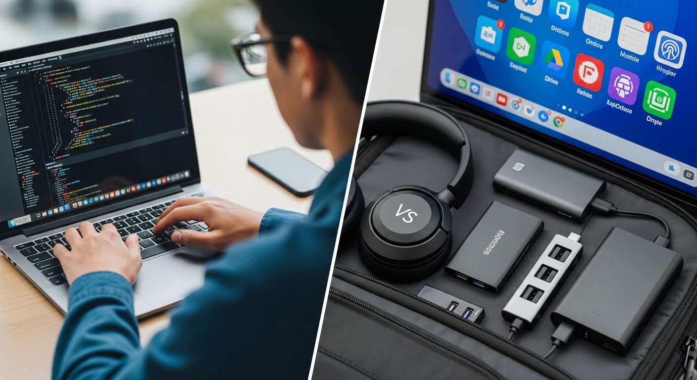 노트북 하드웨어와 Notion, 에버노트 등 생산성 소프트웨어 아이콘들이 대비를 이루는 이미지.