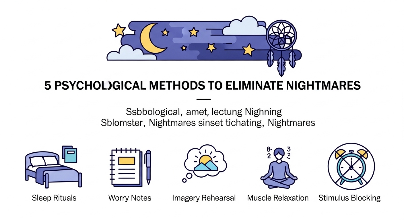 악몽을 없애는 5가지 심리학적 방법(수면 의식, 걱정 노트, 심상 예행 연습, 근육 이완, 자극 차단) 아이콘
