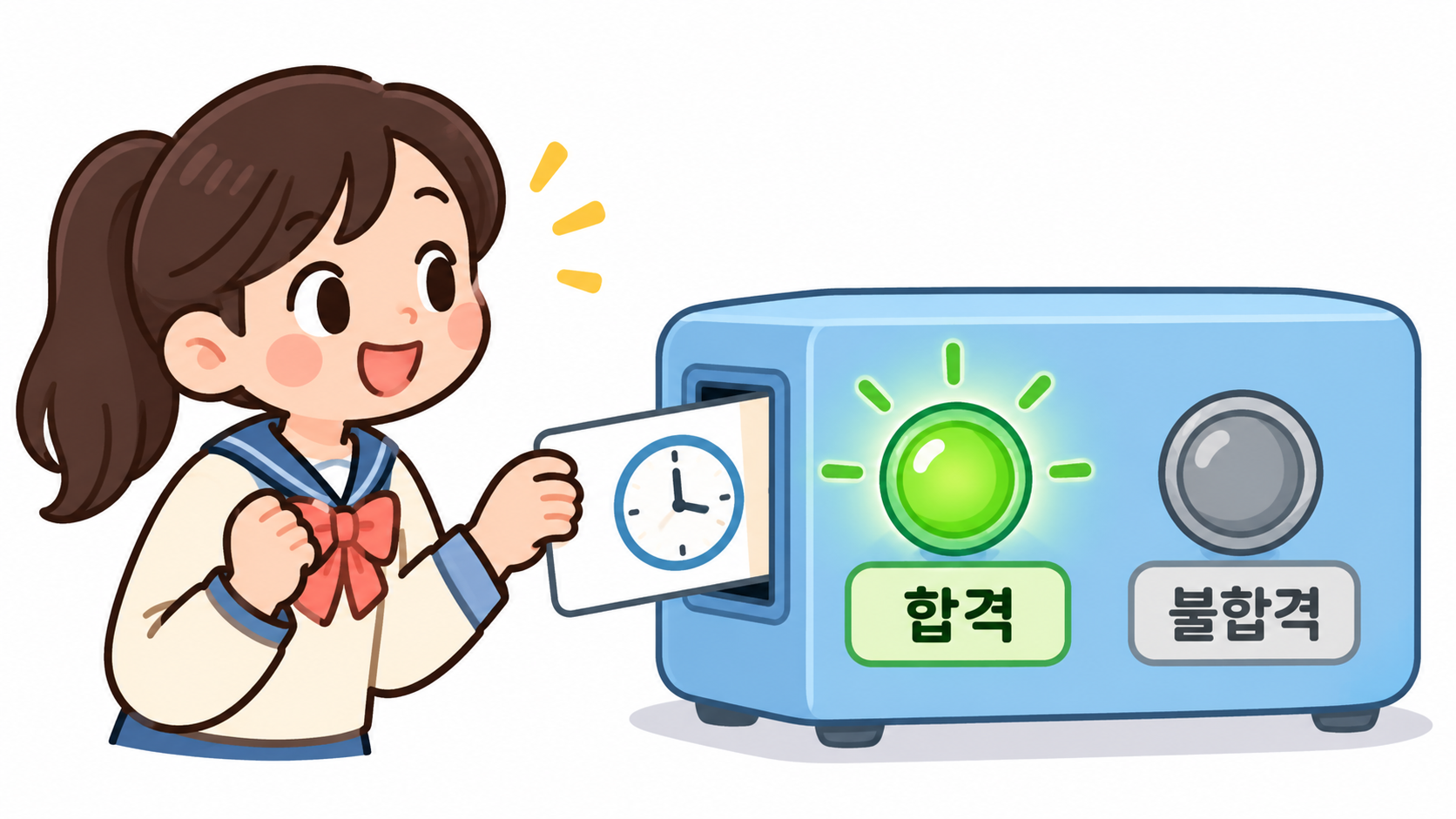 공부 시간 카드를 넣으면 합격 또는 불합격 램프를 켜는 작은 판단 기계와 학생을 그린 그림