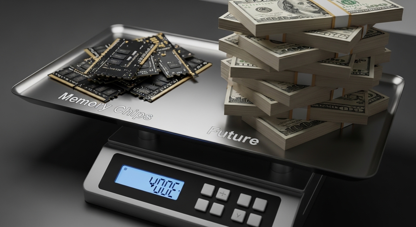 Image of a scale tipped towards a small amount of 'Memory Chips' on one side, outweighing a massive 'Bundle of Cash' on the other.