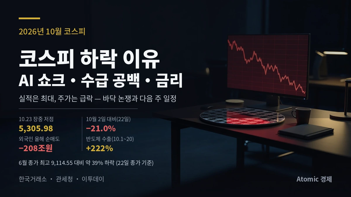 코스피 하락 이유 — AI 쇼크, 수급 공백, 금리. 10월 23일 장중 5,305.98