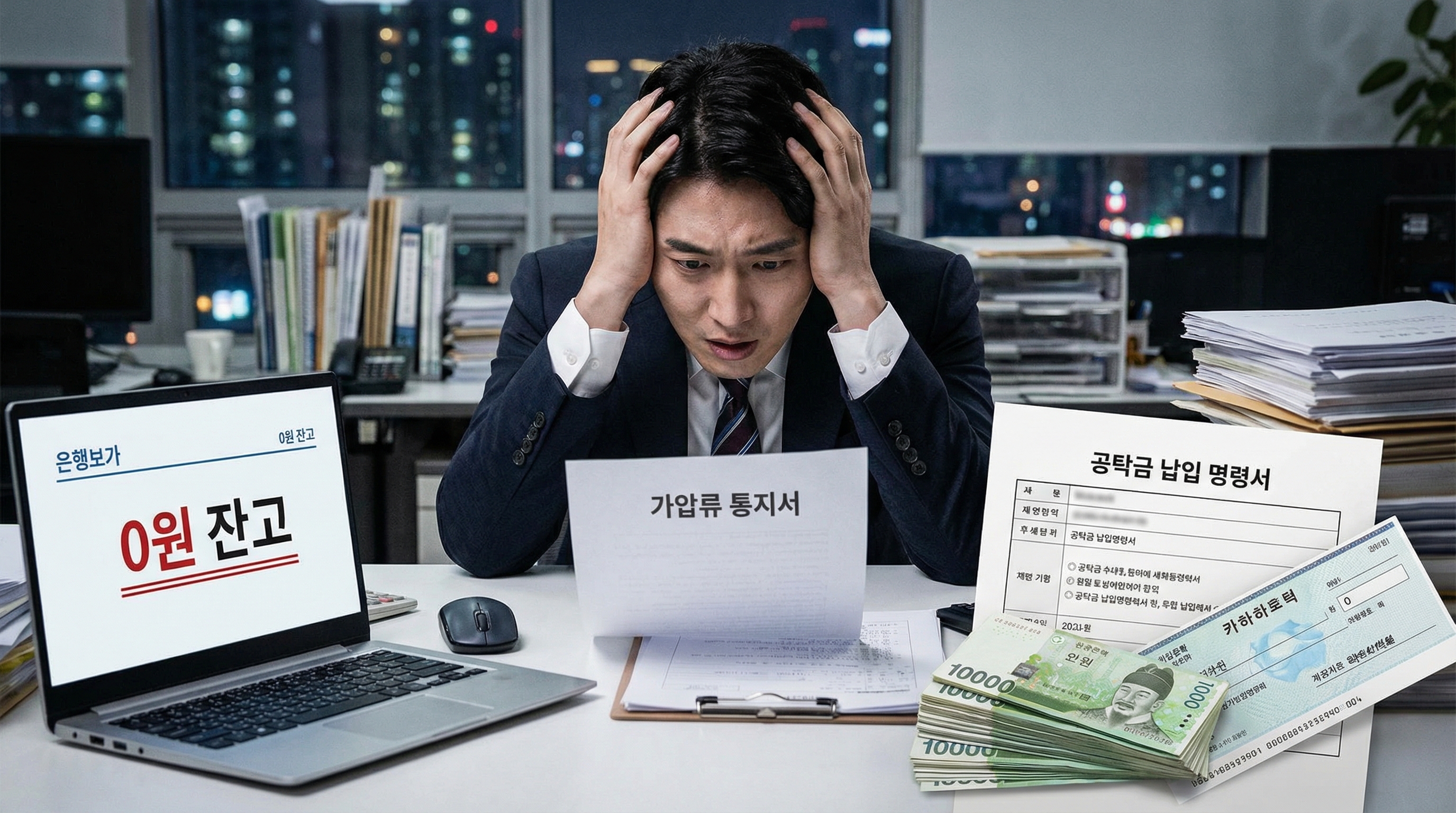 갑작스러운 통장 가압류로 자금줄이 막혀 당황하는 사업가와 이를 해결할 공탁금 문서 이미지