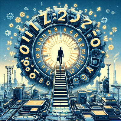 기계적인 느낌의 숫자와 기호들이 모여있는 타자기와 회로의 일러스트입니다.