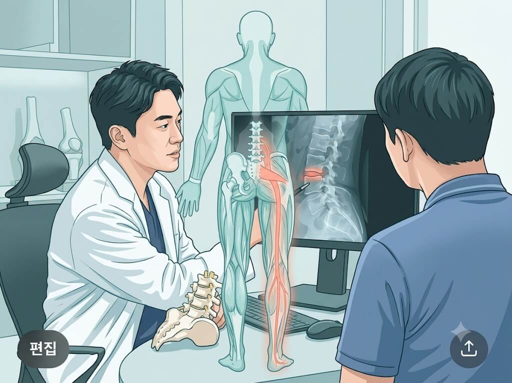 정형외과 진료실에서 허리 X-ray를 보며 디스크 간격 소견을 설명하는 모습