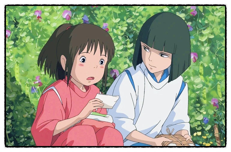 애니메이션 영화 센과 치히로의 행방불명의 치히로와 하쿠가 대화하는 장면 사진