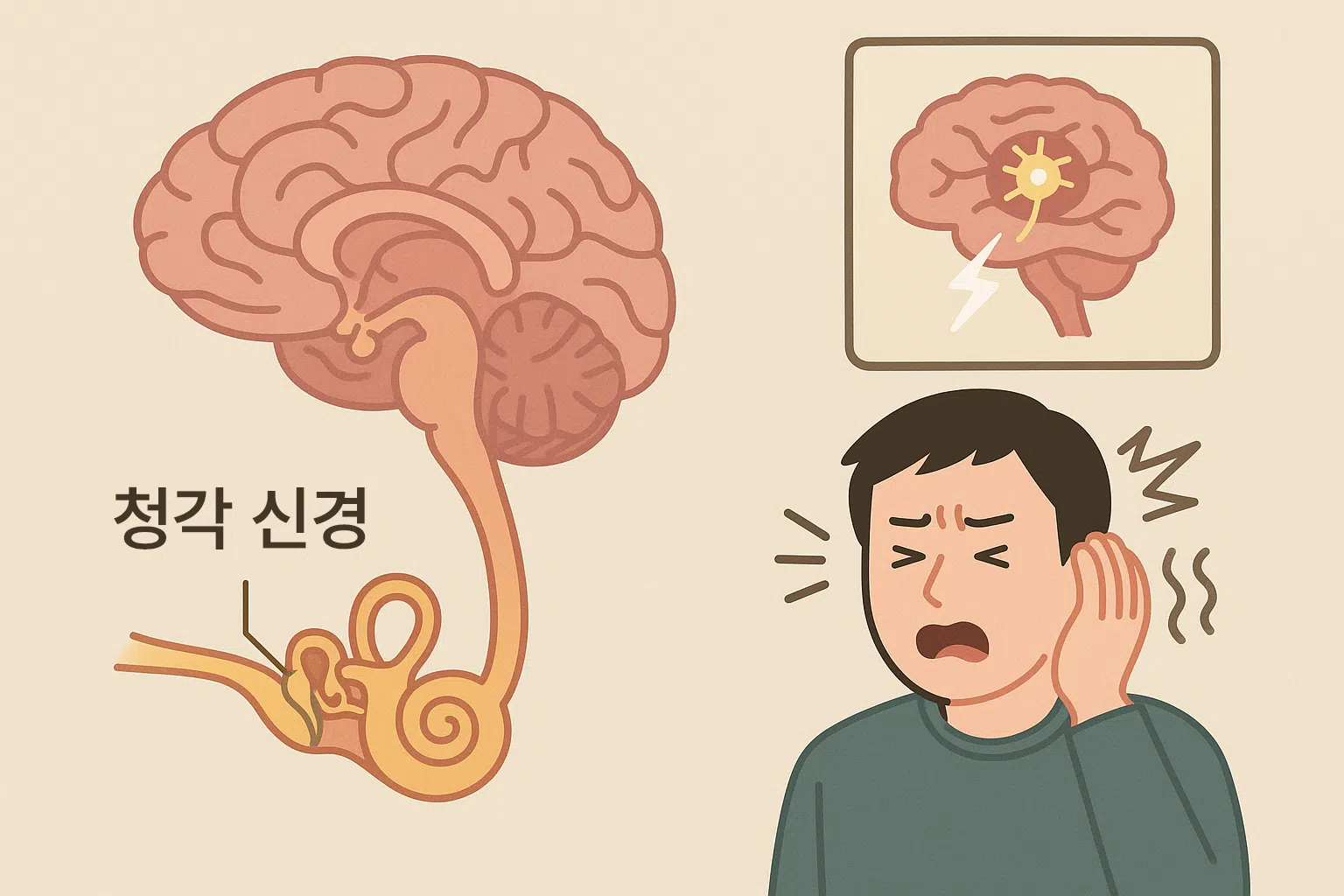 청신경과 뇌를 연결하는 해부학적 일러스트, 뇌 속에서 신호가 생성되는 과정을 표현한 그래픽, 스트레스 상황에서 귀가 울리는 사람의 모습